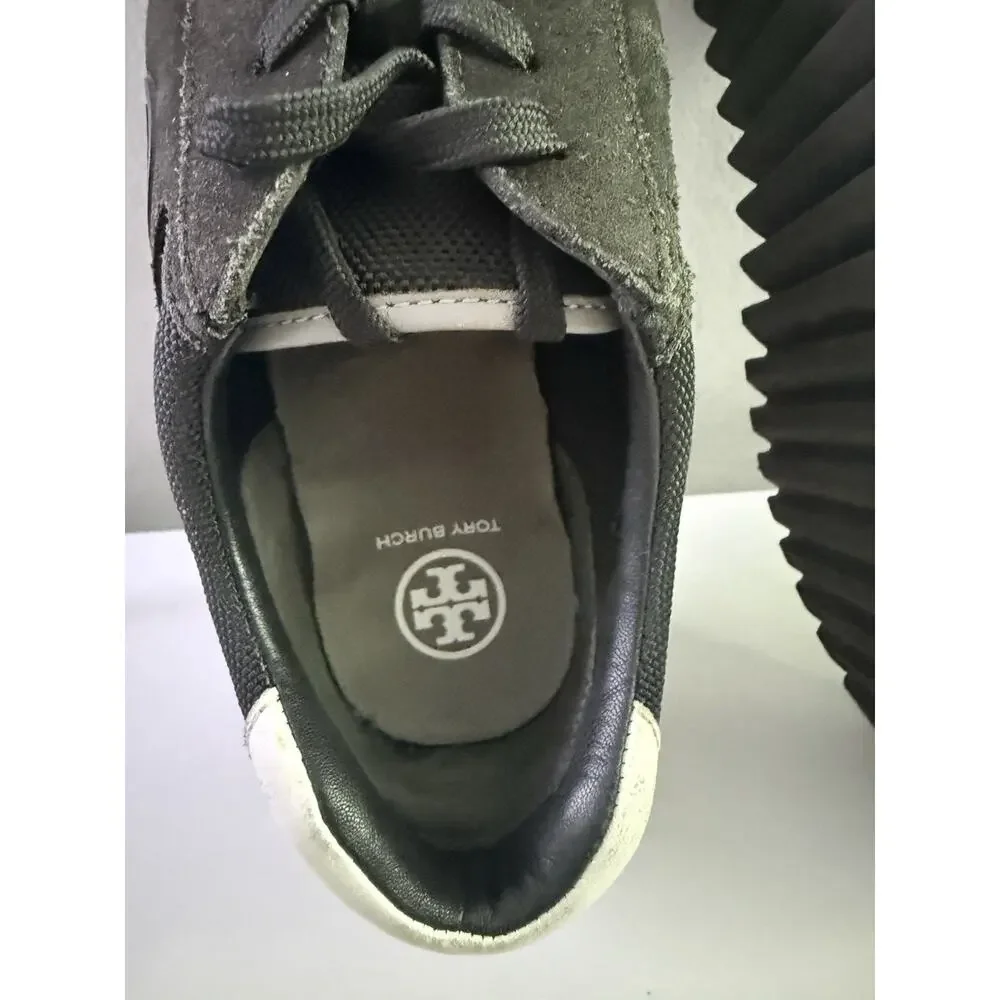 Tory Burch Women’s Sawtooth Logo Sneakers Black Suede Lace-Up Size 9
